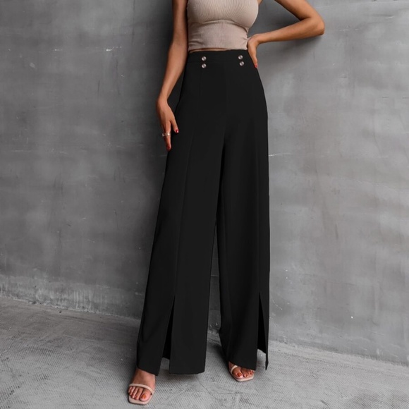 Classic Black Wide Leg Slit Hem Pants Minimalist - Picture 4 of 8